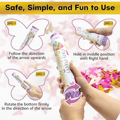 2 Pack Pink Butterfly -Shaped Confetti Poppers for Baby Gender Reveal | Pink Paper and Gold Mylar Baby Girl Party Supplies