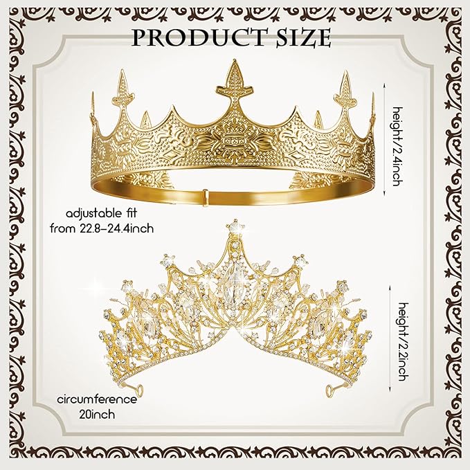 Sureio 2 Pcs King and Queen Crowns Set Antique Baroque Royalty Tiaras Costume Accessories for Halloween Couple Cosplay, Birthday Wedding Prom Party(Vivid Style)