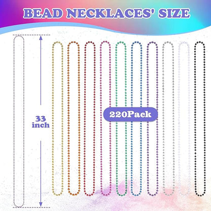 220 PCS Colorful Bead Necklace, 33 Inch Mardi Gras Christmas Beads, Bulk Metallic Party Beads for Mardi Gras Parade, St Patricks Day, Wedding, Birthday, Pirate Party, Carnival Party Favors