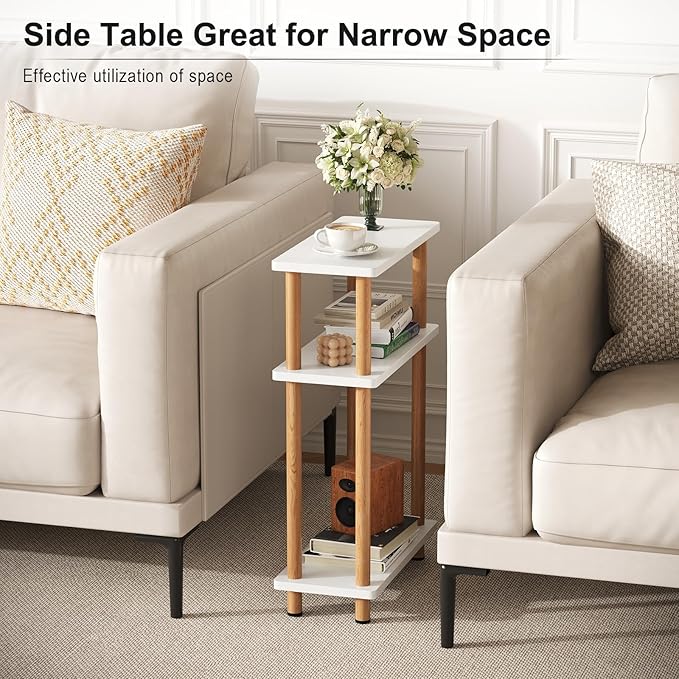 Apicizon 3 Tier End Table, Narrow Side Table with Storage Shelf, Bedroom, Living Room, Entryway, Farmhouse, White and Natural