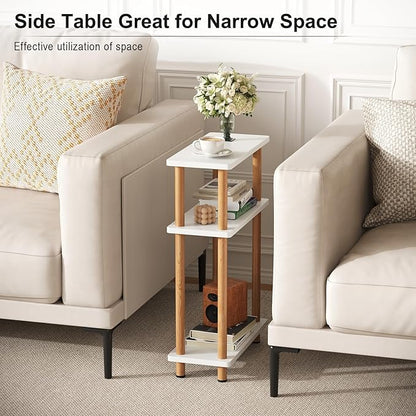 Apicizon 3 Tier End Table, Narrow Side Table with Storage Shelf, Bedroom, Living Room, Entryway, Farmhouse, White and Natural