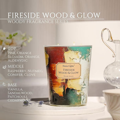 HomeLights 3-Wick Candles for Home Scented - 34oz Soy Wax Blend Candle Long-Lasting Fragrance, Industrial Chic Home Decor and Housewarming Gifts, Fireside Wood & Glow