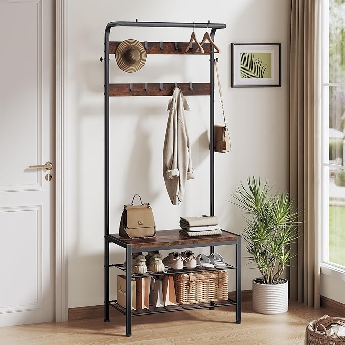 DUMOS Hall Tree with Shoe Bench and Coat Rack, Entryway Bench with Shoe Storage and Hooks, 4-in-1 Coat and Shoe Rack for Entryway, Mudroom Storage Organizer with Shelves, Brown