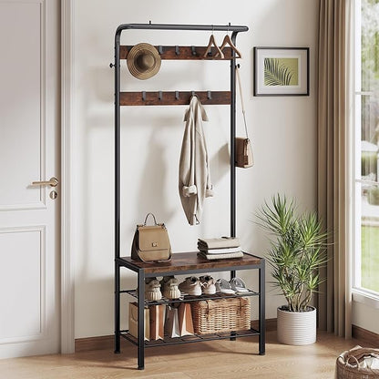 DUMOS Hall Tree with Shoe Bench and Coat Rack, Entryway Bench with Shoe Storage and Hooks, 4-in-1 Coat and Shoe Rack for Entryway, Mudroom Storage Organizer with Shelves, Brown