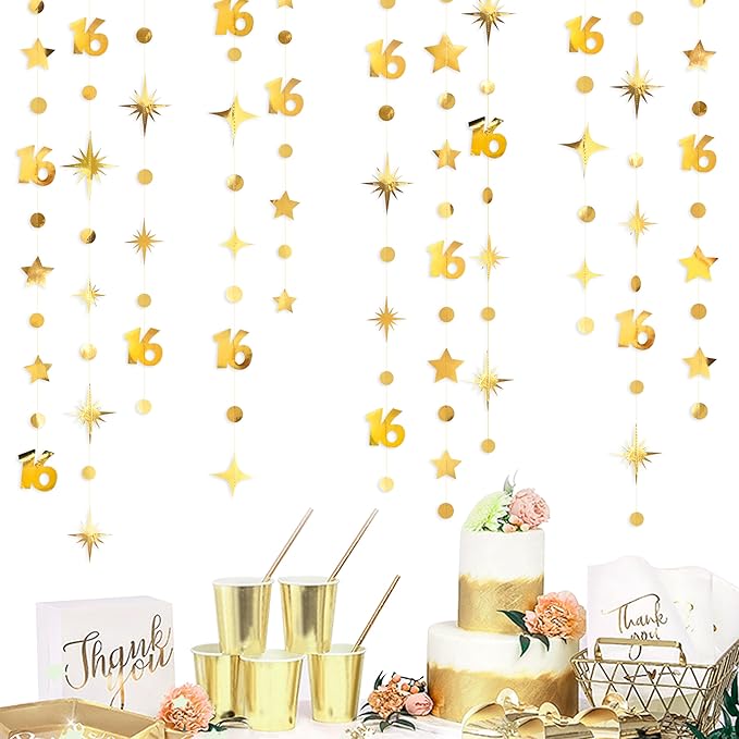 Gold 16th Birthday Decorations Number 16 Circle Dot Twinkle Star Garland Metallic Streamer Banner Backdrop for Girls Boys Happy 16th Birthday Sweet Sixteen Anniversary Cheers to 16 Years Party Decor