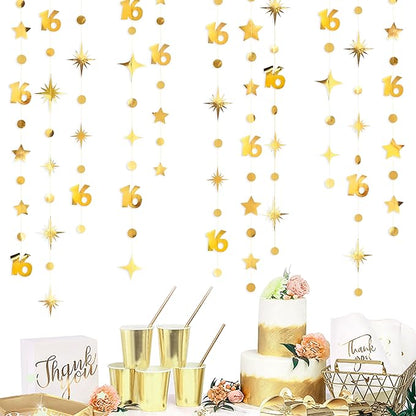 Gold 16th Birthday Decorations Number 16 Circle Dot Twinkle Star Garland Metallic Streamer Banner Backdrop for Girls Boys Happy 16th Birthday Sweet Sixteen Anniversary Cheers to 16 Years Party Decor