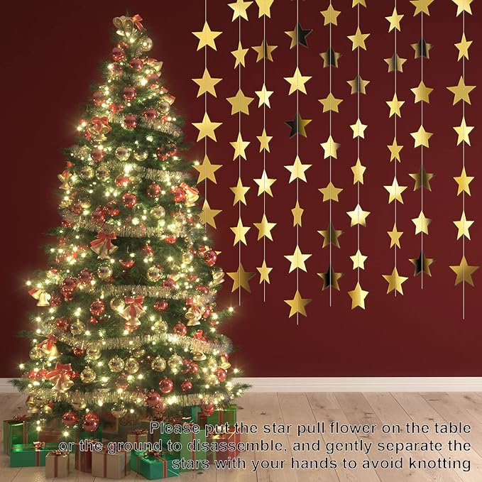 Patelai Glitter Star Garland Banner Christmas Decor 130 Feet Star Hanging Bunting Banner Twinkle Backdrop for Homecoming Classroom Wedding Birthday Halloween Party Supplies(Gold)