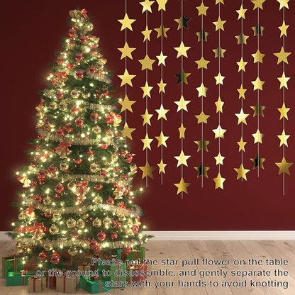 Patelai Glitter Star Garland Banner Christmas Decor 130 Feet Star Hanging Bunting Banner Twinkle Backdrop for Homecoming Classroom Wedding Birthday Halloween Party Supplies(Gold)