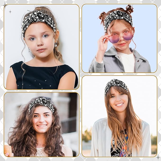 PANTIDE Pearl Jeweled Knotted Headband - Classics Black White Buffalo Lattice Cropped Tweed Pearl Embellished Headband Wide Top Knot Hairband Accessories Birthday Gift for Women Girl (Black Plaid)