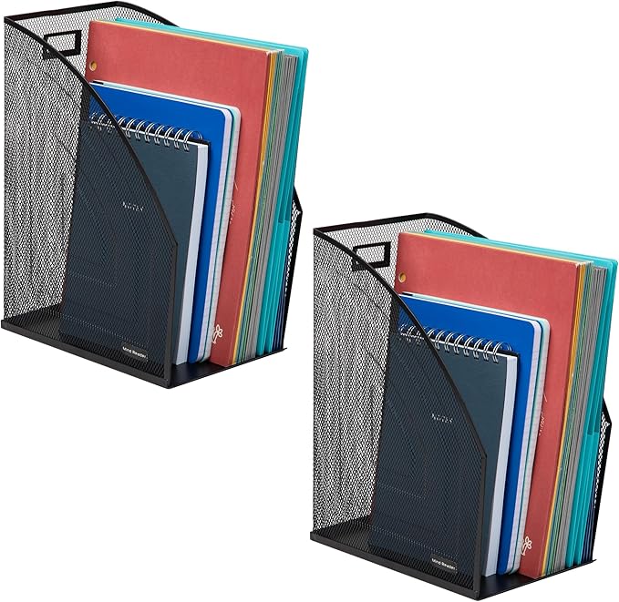 Mind Reader Vertical File Organizers, Desktop File Holders for Folders, Magazines, and Paperwork, Workspace Organizer, Metal Mesh, Set of 2, Black