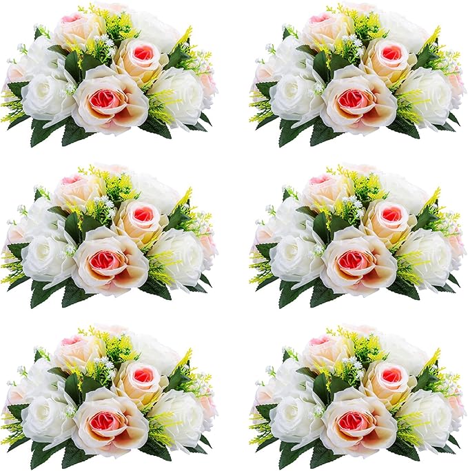 Pcs of 6 Fake Flower Ball Arrangement Bouquet,15 Heads Plastic Roses with Base, Suitable for Our Store's Wedding Centerpiece Flower Rack for Parties Valentine's Day Home Décor (Pink Champagne & White)