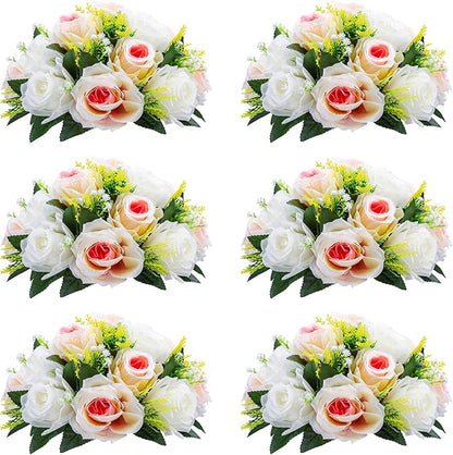 Pcs of 6 Fake Flower Ball Arrangement Bouquet,15 Heads Plastic Roses with Base, Suitable for Our Store's Wedding Centerpiece Flower Rack for Parties Valentine's Day Home Décor (Pink Champagne & White)