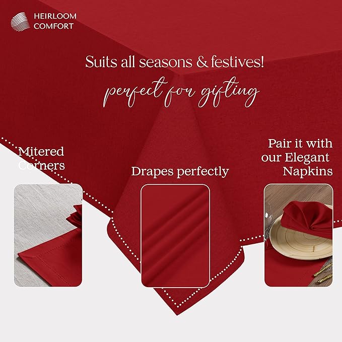 Red Cotton Tablecloth, Table Cover 52x70 Inch, Fits 4-6 Seats, Soft, Washable, Wrinkle Resistant, Rectangle Table Cloth for Dining, Anniversaries, Festive Gatherings, Family Dinner
