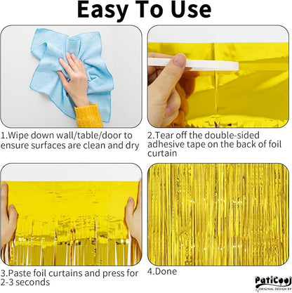 Christmas Decorations Thicken Gold Streamers, 4 Pack 3.2 x 8.2 FT Golden Tinsel Backdrop Curtains, Foil Fringe Photo Backdrop for Birthday, Prom, Hollywood, Anniversary Party Decorations