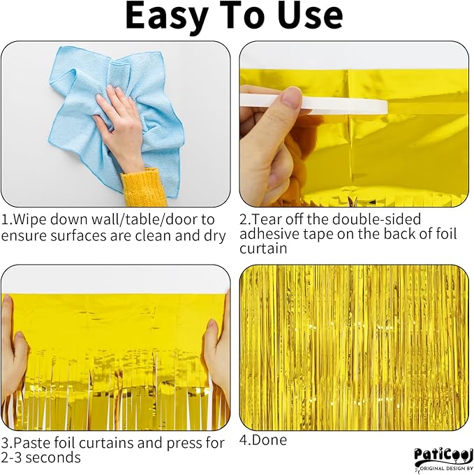 Thicken Gold Streamers 2 Pack 3.2 x 8.2 FT, Golden Birthday Decrorations Tinsel Backdrop Curtains, Foil Fringe Photo Backdrop for Birthday, Prom, Hollywood, Anniversary Party Decorations