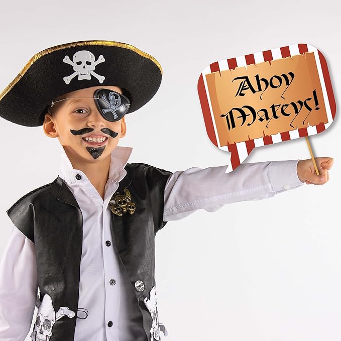 Pirate Photo Booth Props - 41-pc Photobooth Kit with 8 x 10-Inch Sign, 60 Adhesive Pads, 45 Sticks - Pirate Props - Nautical Photo Booth Props - Pirate Ship Props