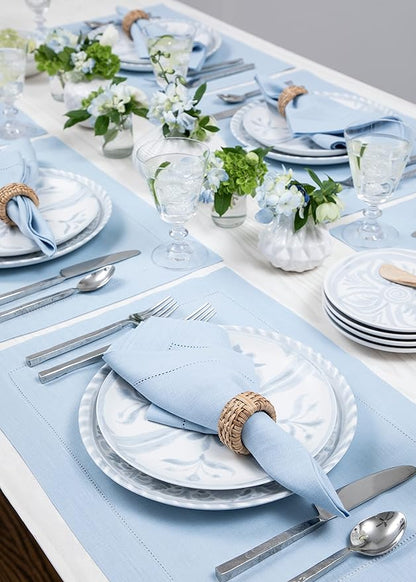 Solino Home Linen Placemats Set of 4 - Classic Hemstitch Sky Blue Placemats 14 x 19 Inch - 100% Pure Linen Table Mats for Christmas, Holiday, New Year