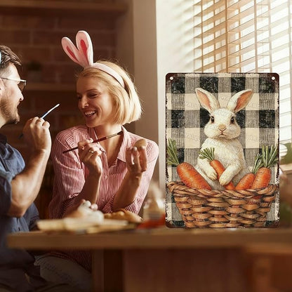 Charming Easter Bunny Metal Sign Vintage Checkered Basket Carrot Design Rustic Country Wall Art For Living Room Kitchen Office Spring Decor 12x16Inch