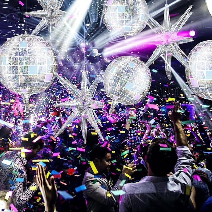 OuMuaMua Disco Ball Balloons for 70s 80s Disco Party Decorations, 22 Inch Large 4D Iridescent Disco Metallic Balloons with Stars for Disco Themed Party, Birthday New Year Bachelorette Decor, 8pcs