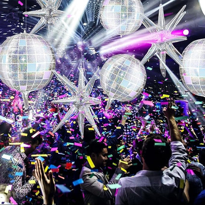 OuMuaMua Disco Ball Balloons for 70s 80s Disco Party Decorations, 22 Inch Large 4D Iridescent Disco Metallic Balloons with Stars for Disco Themed Party, Birthday New Year Bachelorette Decor, 8pcs