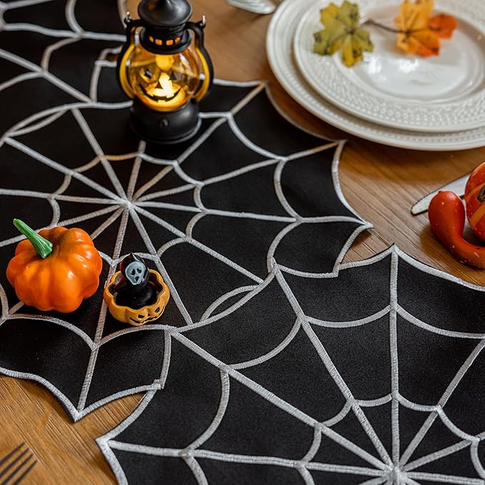 Joyfol Day Halloween Table Runner 14 x 59 Inch, Embroidered Spider Web Table Runners, Black Fireplace Mantel Scarf, Halloween Table Decorations for Parties Gothic Scary Nights