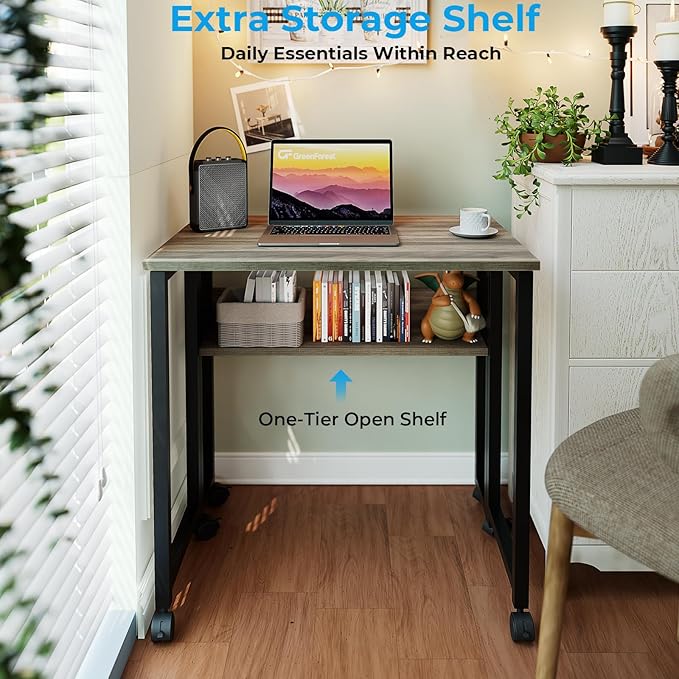 GreenForest Folding Desk Small Rolling Desk with Storage Shelf,31.5 inch Foldable Computer Desk with Wheels for Small Space,Easy Assembly,Grey Wash