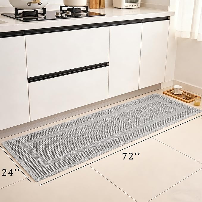 Waffle Runner Rug Non Slip, Boho Bath Mat, Super Absorbent Quick Dry Long Bath Runner Bathroom, Soft Farmhouse Bath Rug with Tassels, Washable Shower Mats for Floor 24"x72", Square Light Grey