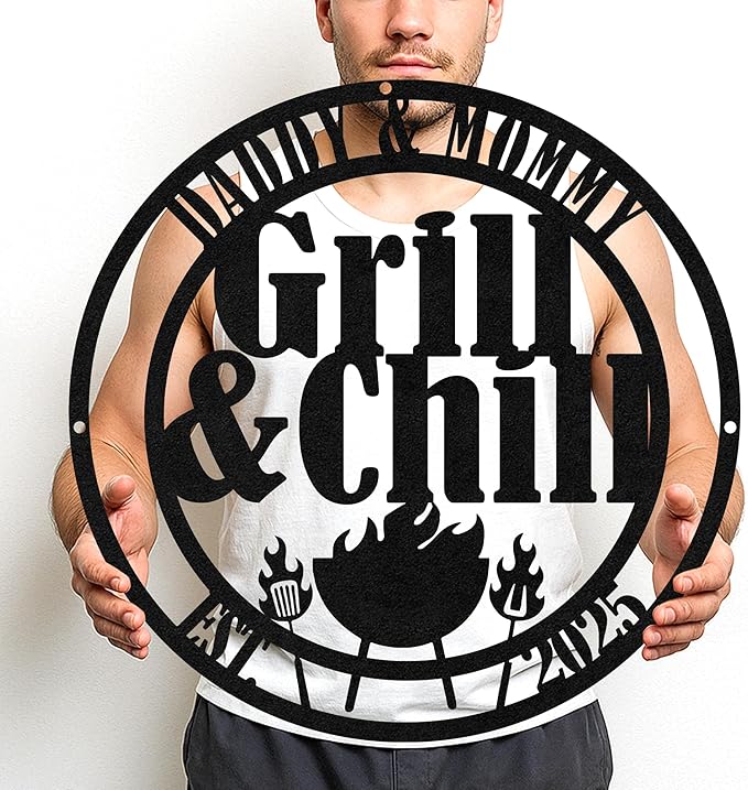 Personalized BBQ Hangout Metal Sign, Custom Grill Name Cut Wall Art for Outdoor Patio, Rustic Backyard Barbecue Decor