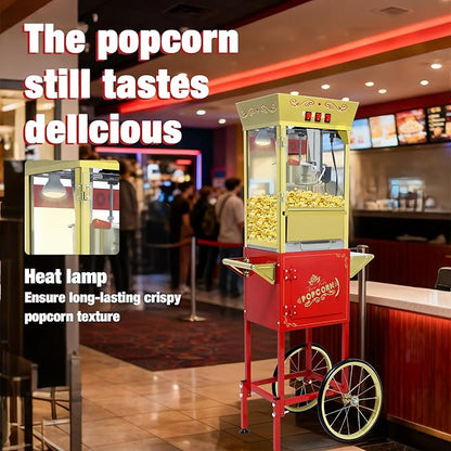 Vintage Commercial Popcorn Machine with Cart & Warmer Light - 12oz Stainless Steel Popper Makes 60 Cups for Home Theater and Parties, Red