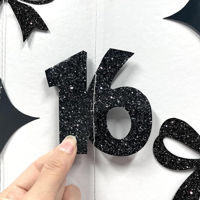 Black 16th Bow Birthday Decorations Metallic Conquette Bow Garland Streamer Banner Backdrop for Girls Boys Happy 16th Birthday Sweet Sixteen Cheers to 16 Years Old Anniversary Party Supplies
