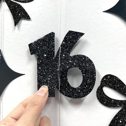 Black 16th Bow Birthday Decorations Metallic Conquette Bow Garland Streamer Banner Backdrop for Girls Boys Happy 16th Birthday Sweet Sixteen Cheers to 16 Years Old Anniversary Party Supplies