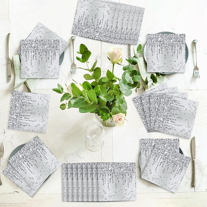 100PCS Silver Party Paper Napkins Happy Birthday Supplies Glitter Decorations Silver Diamond Theme Disposable Paper Lunch Napkins for Adults Kids Birthday Wedding Bridal Shower Favors