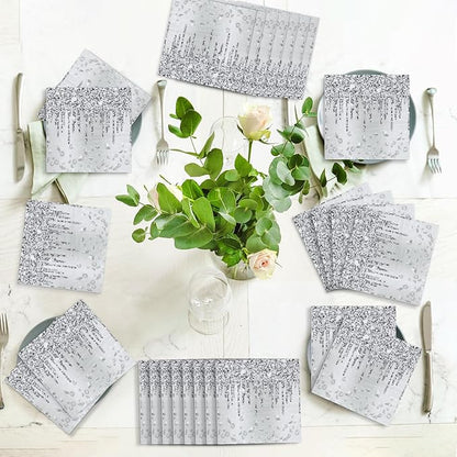 100PCS Silver Party Paper Napkins Happy Birthday Supplies Glitter Decorations Silver Diamond Theme Disposable Paper Lunch Napkins for Adults Kids Birthday Wedding Bridal Shower Favors