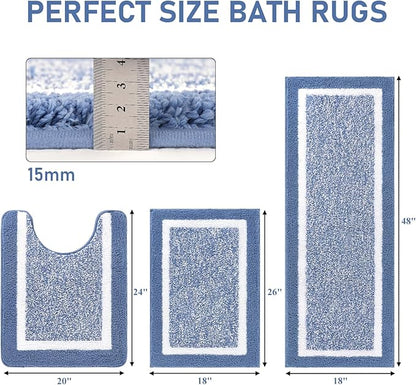 Pauwer 3 Pieces Bathroom Rugs Sets, Ultra Soft Non-Slip Mats, Microfiber Absorbent Bath Rugs with U-Shaped Toilet Rug for Bath Floor, Tub, Shower, Blue