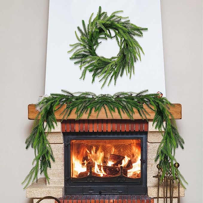 12ft Christmas Garland Table Garland Real Touch Norfolk Pine Garland, Artificial Faux Greenery Garlands for Wedding Mantle Indoor Home Decor Xmas Holiday Seasonal
