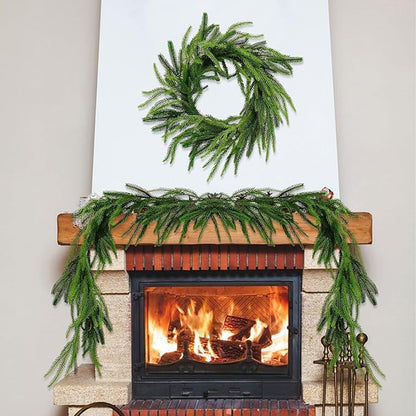 12ft Christmas Garland Table Garland Real Touch Norfolk Pine Garland, Artificial Faux Greenery Garlands for Wedding Mantle Indoor Home Decor Xmas Holiday Seasonal