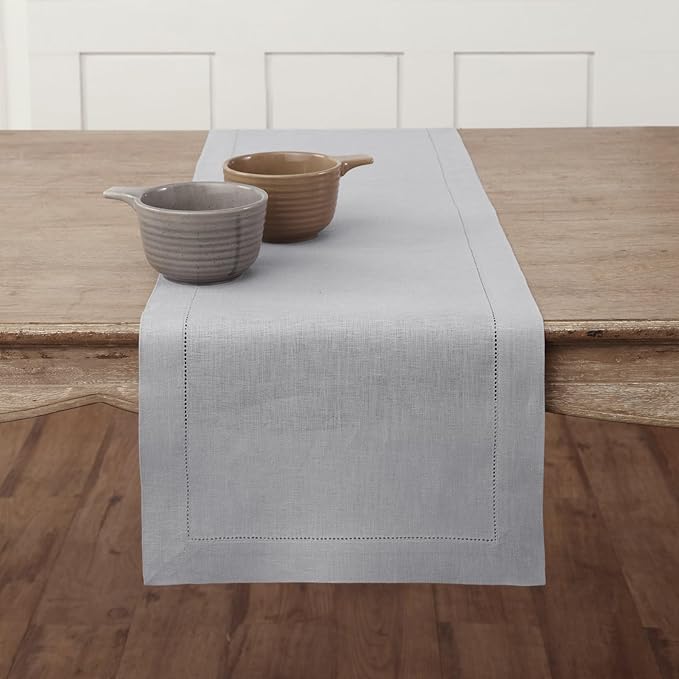 Solino Home Linen Soft Grey Table Runner 144 Inches Long - 100% Pure Linen Extra Long Table Runner 14 x 144 Inch for Fall, Autumn, Christmas, New Year - Classic Hemstitch
