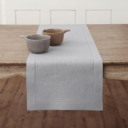 Solino Home Linen Soft Grey Table Runner 36 Inches - Classic Hemstitch, 100% Pure Linen Coffee Table Runner 14 x 36 Inch Ideal for Dresser Tables - Fall, Autumn, Winter, Christmas, New Year