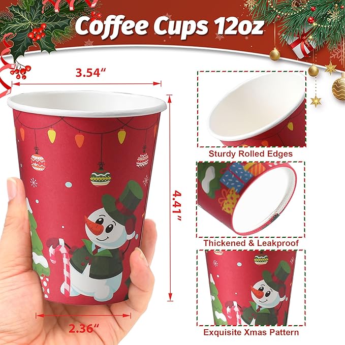100 Pack 12 oz Christmas Coffee Cups, Disposable Paper Coffee Cups for Hot/Cold Drinks Office Home Shop Event (Two Colors)