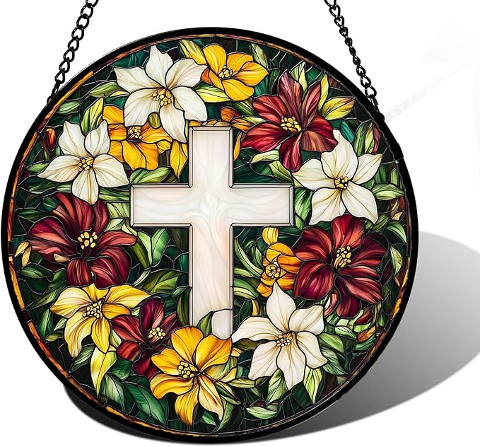 Stained Glass Window Hanging, Cross Flowers Sun Catchers Colorful Glass Panel Christianity Suncatcher Decor for Birthday for Women, Men, Wife, Aunt, and Mom 7.8 in