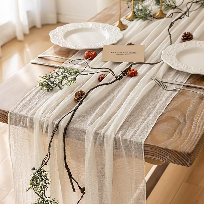 10pcs Ivory Gauze Rustic Cheesecloth Table Runner 120 Inch 10 FT for Wedding Baby Shower Bridal Shower Birthday Engagement Garden Outdoor Party Long Sheer Boho Decorations