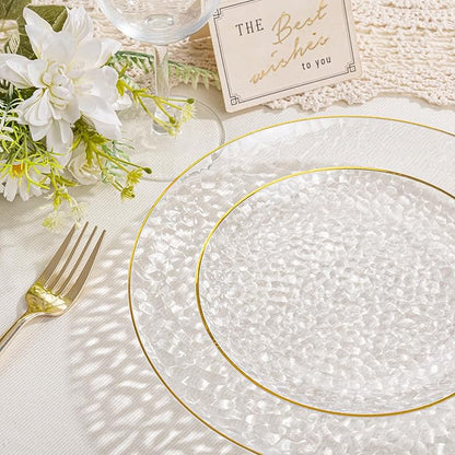 SUT 100Pcs Clear Plastic Plates, Hammered Plates Disposable Heavy Duty, Clear Disposable Plates With Gold Rim, Fancy Plastic plates Include 50 Dinner and 50 Dessert plates for Wedding