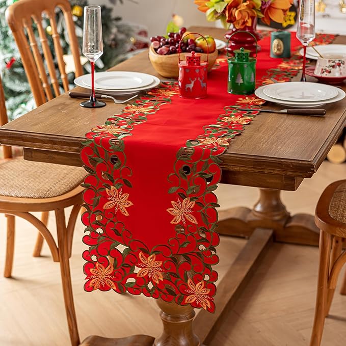 Joyfol Day Christmas Red Flowers Table Runner 14 x 69 Inch, Cutwork Embroidered Florals Table Runners, for Xmas Holiday Winter Festival Kitchen Dining Tabletop Decoration
