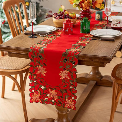Joyfol Day Christmas Red Flowers Table Runner 14 x 86 Inch, Cutwork Embroidered Florals Table Runners, for Xmas Holiday Winter Festival Kitchen Dining Tabletop Decoration