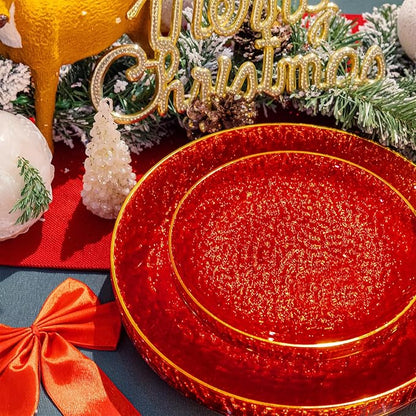 Rubtlamp 60 Pcs Red Plasitc Plates, Gold Red Disposable Plates, Fancy Party Plates, Hammered Plastic plates Include 30 Dessert Platos, 30 Dinner Platos for Party, Thanksgiving&Christmas