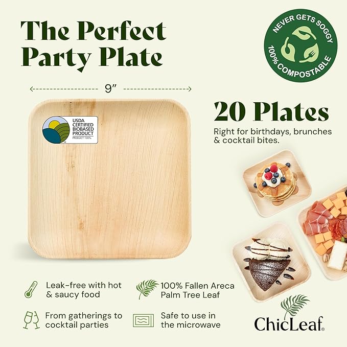 Chic Leaf Palm Leaf Disposable Bamboo Plates - Party Plates for Weddings & Event Appetizers, Thanksgiving Dinner - Biodegradable & Compostable - Party Supplies (9", 20 Pack)