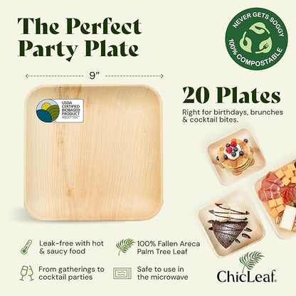 Chic Leaf Palm Leaf Disposable Bamboo Plates - Party Plates for Weddings & Event Appetizers, Thanksgiving Dinner - Biodegradable & Compostable - Party Supplies (9", 20 Pack)