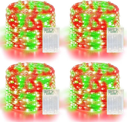 4 Pack 240LED Christmas Fairy Lights Battery Operated - 20FT Twinkle Lights with 2 Lighting Modes Indoor Outdoor, Waterproof Led Fairy Lights for Bedroom, Classroom, Dorm, DIY Decor, Red & Green