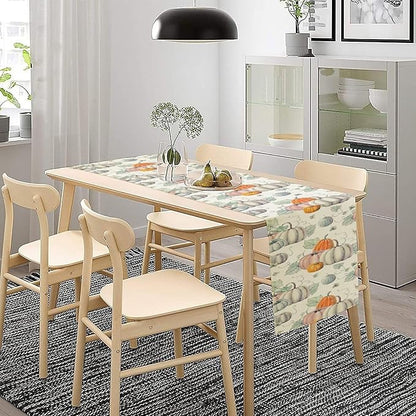 Fall Pumpkin Table Runner Vintage Leaves Plant Motifs Thanksgiving Theme Watercolor Illustration Home Decor for Farmhouse Indoor Outdoor Party Holiday Dining Kitchen Restaurant Cafe W13xL90in