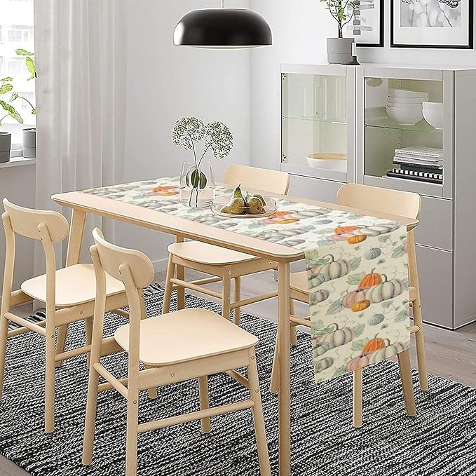 Fall Pumpkin Table Runner Vintage Leaves Plant Motifs Thanksgiving Theme Watercolor Illustration Home Decor for Farmhouse Indoor Outdoor Party Holiday Dining Kitchen Restaurant Cafe W13xL60in